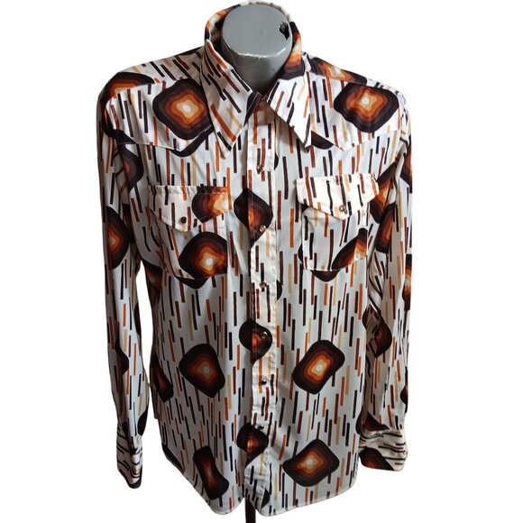 Men;s XL Disco Western Shirt Vintage 1970's Geometric Print Acetate Polyester - Picture 2 of 7